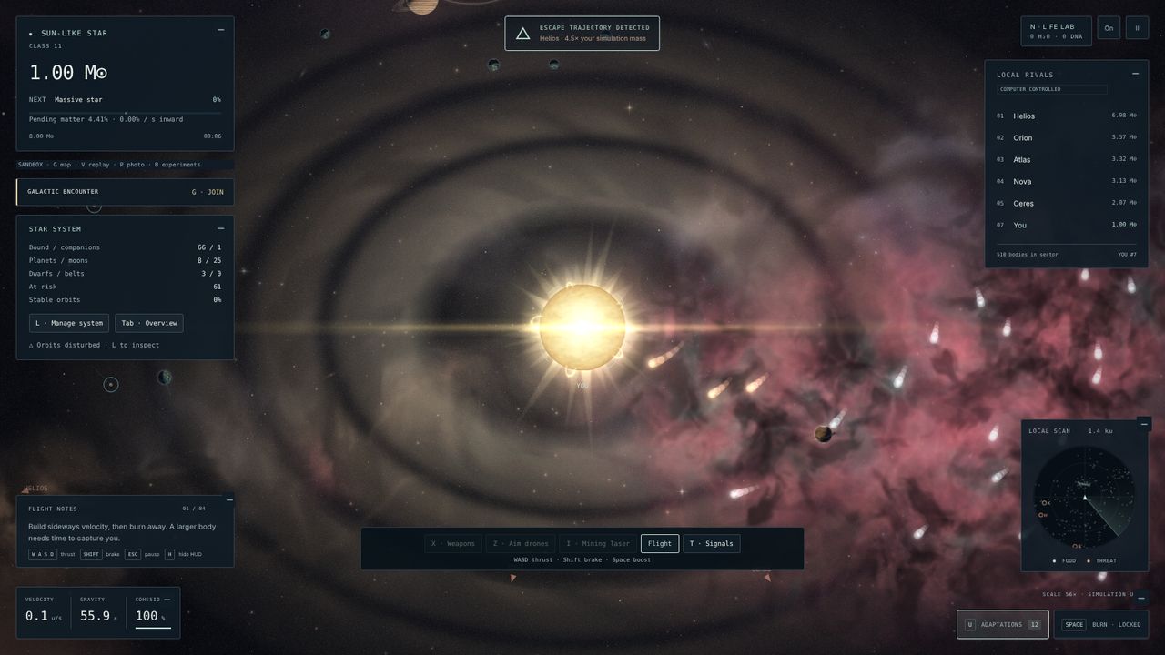 Anti-Horizon gameplay as a sun-like star, with the mass panel, star system, rival list, flight notes, radar and tool bar around it