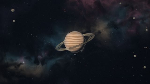 A banded gas giant with a ring system and small moons