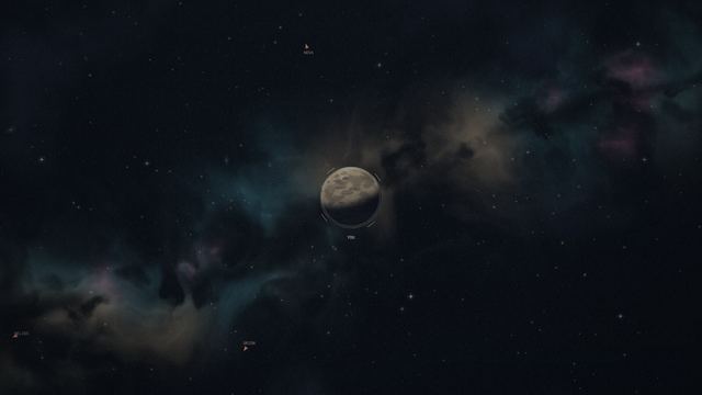 A cratered dwarf planet drifting through a dusty nebula